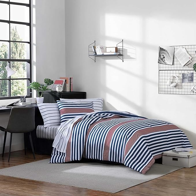 Nautica - Comforter Set, Soft Reversible Bedding with Matching Sham, Striped Home Decor, Dorm Room Essentials (Kennedy Stripe Navy Blue, Twin/Twin XL) - LeafyLoom
