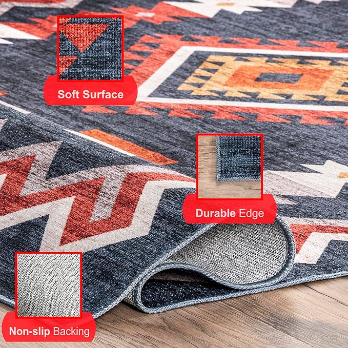 nuLOOM Jayde Machine Washable Southwestern Diamond Ultra Thin Area Rug, 5x8, Navy - LeafyLoom