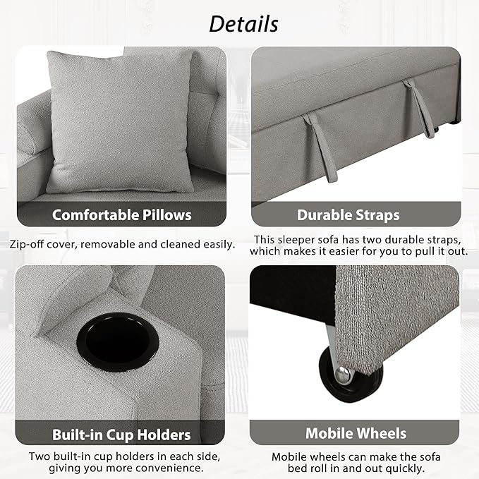 87.4" L-Shape Sectional Sleeper Sofa with Chaise &Pull-out bed, Boucle Upholstered Couch w/USB Ports, Power Sockets and Built-in Cup Holder, for Living Room, Apartment, 87.4 Inch, Dark Gray - LeafyLoom