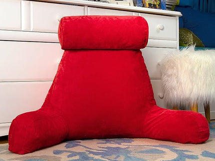 Husband Pillow XXL Red Backrest with Arms - Adult Reading Pillow with Shredded Memory Foam, Ultra-Comfy Removable Microplush Cover & Detachable Neck Roll, Unmatched Support for Bed Rest Sit Up Pillow - LeafyLoom