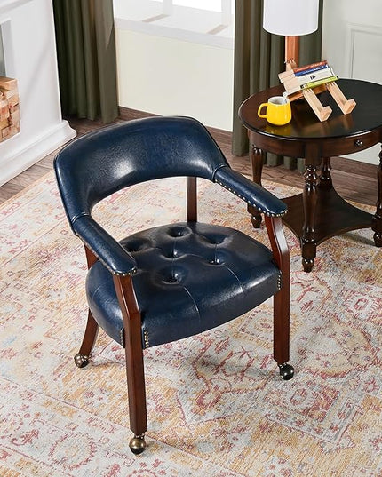 Dining Chairs with Casters and Arms, Rolling Dining Chairs with Wheels, Accent Game Poker Table Chairs, Solid Wood Boss Caption's Chairs Office Desk Chairs, Cherry Legs & Blue SY-1533-LB - LeafyLoom