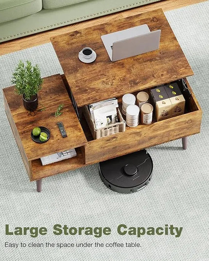 OLIXIS Modern Lift Top Coffee Table Wooden Furniture with Storage Shelf and Hidden Compartment for Living Room Office, Rust Brown - LeafyLoom