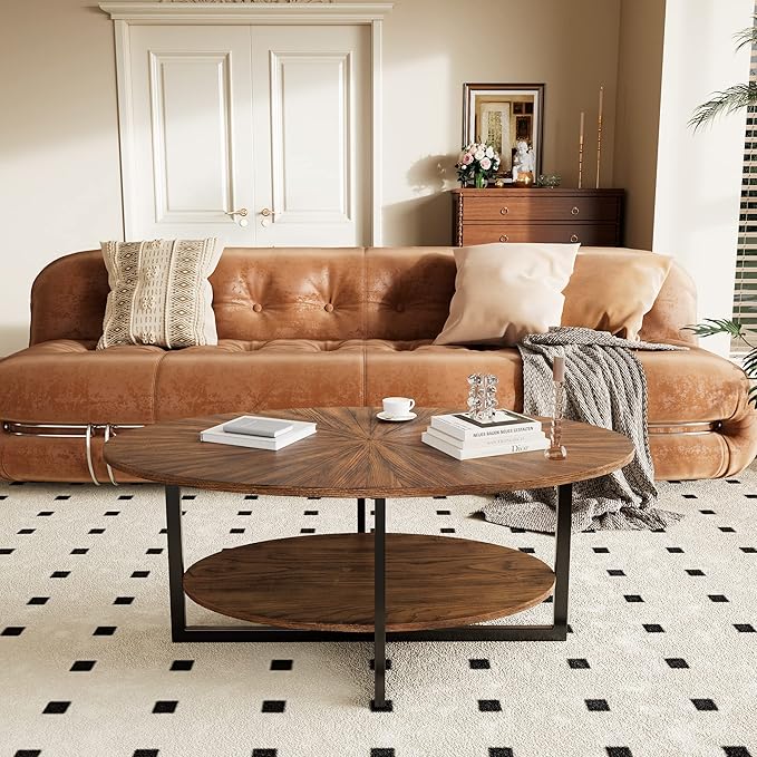 Solid Wood Oval Coffee Table with Cross Metal Legs, 43.3in Modern Industrail Center Table with Open Shelf Cocktail Tea Table for Living Room Bedroom, Rustic Brown 1811NC - LeafyLoom