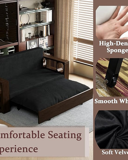 52" 3 in 1 Loveseat Futon Sofa Couch of Mordern Velvet w/Pullout, Small Love Seat Lounge Sleeper w/Convertible Office Desk for Living Room Bed, 52inch, Black - LeafyLoom
