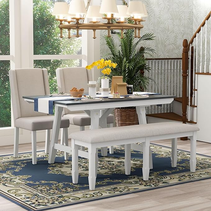 Farmhouse 6-Piece Dining Set, Included Solid Wood Rectangular Extendable Table with Two 12" W Removable Leaves and 4 Upholstered Chairs & a Bench, Home Kitchen Furniture, Gray+Beige+White - LeafyLoom
