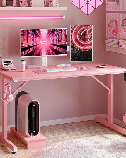Bestier Small Gaming Desk with Monitor Stand, 42 inch LED Computer Desk, Gamer Workstation with Cup Holder & Headset Hooks, Modern Simple Style Desk for Home Office, Carbon Fiber Pink - LeafyLoom