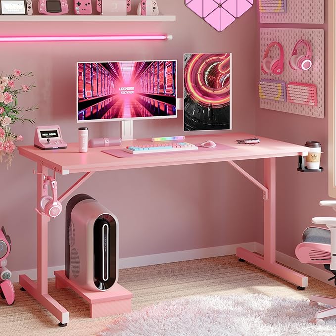 Bestier Small Gaming Desk with Monitor Stand, 42 inch LED Computer Desk, Gamer Workstation with Cup Holder & Headset Hooks, Modern Simple Style Desk for Home Office, Carbon Fiber Pink - LeafyLoom