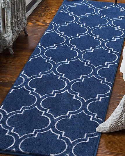 Chicrug Shag Geometric Modern Runner Rug for Bedroom, 2x6 Feet Memory Foam Indoor Hallway Runner Carpet, Fluffy Rug for Living Room Bedside Room Decor for Family, Navy/White - LeafyLoom