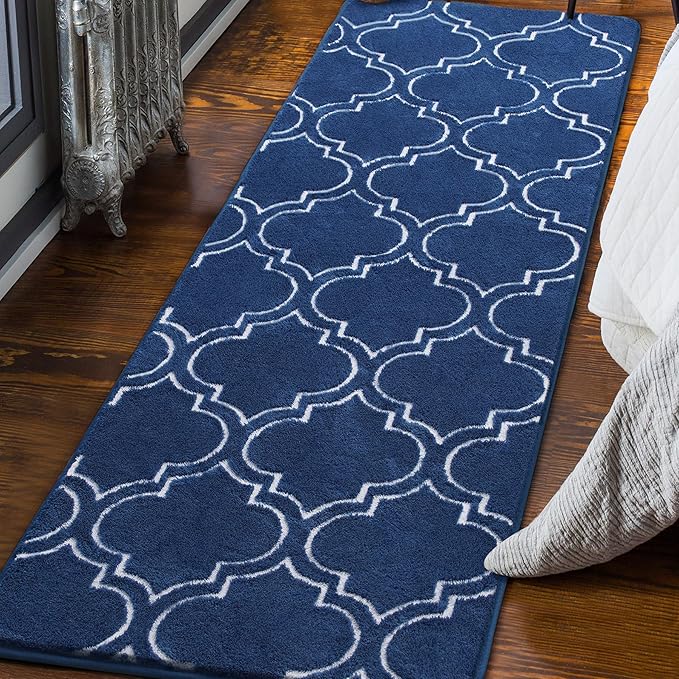 Chicrug Shag Geometric Modern Runner Rug for Bedroom, 2x6 Feet Memory Foam Indoor Hallway Runner Carpet, Fluffy Rug for Living Room Bedside Room Decor for Family, Navy/White - LeafyLoom