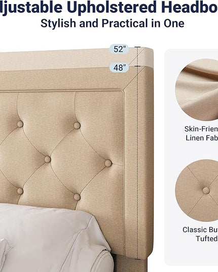 Allewie King Size Platform Bed Frame/Fabric Upholstered Bed Frame with Diamond Button Tufted Headboard/Adjustable Headboard/Wood Slat Support/Mattress Foundation/Beige (King) - LeafyLoom