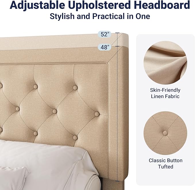 Allewie Full Size Button Tufted Platform Bed Frame/Fabric Upholstered Bed Frame with Adjustable Headboard/Wood Slat Support/Mattress Foundation/Beige (Full) - LeafyLoom