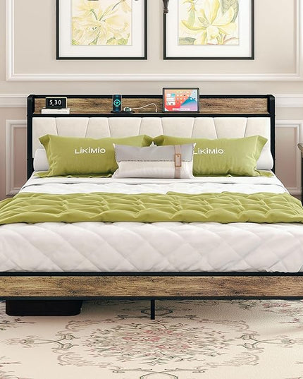 LIKIMIO Full Size Bed Frame, Storage Headboard with Charging Station, Solid and Stable, Noise Free, No Box Spring Needed, Easy Assembly (Walnut and Beige) - LeafyLoom