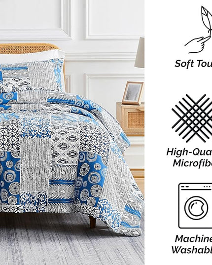 Southshore Fine Living, Inc. Twin Size Comforter Set with Pillow Sham, Reversible Global Patchwork Quilt is 2 Colors in 1 - Alternative Down Comforter Twin/Twin XL, Soft Microfiber, Blue & White - LeafyLoom