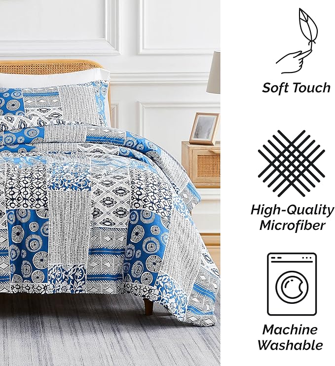 Southshore Fine Living, Inc. Twin Size Comforter Set with Pillow Sham, Reversible Global Patchwork Quilt is 2 Colors in 1 - Alternative Down Comforter Twin/Twin XL, Soft Microfiber, Blue & White - LeafyLoom