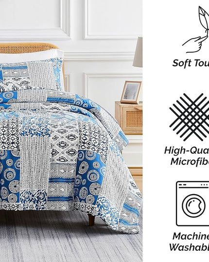 Southshore Fine Living, Inc. King Size Comforter Set with 2 Pillow Shams, Reversible Global Patchwork Quilt is 2 Colors in 1 - Alternative Down Comforter King/Cal King, Ultra Soft, Blue & White - LeafyLoom