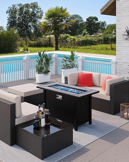Shintenchi 6 Pieces Patio Furniture Sets w/Fire Pit Table, Outdoor Conversation Set w/50,000 BTU Steel Gas Fire Pit, Beige Patio Rattan Sectional Sofa Set w/Brown Top Fire Pit - LeafyLoom