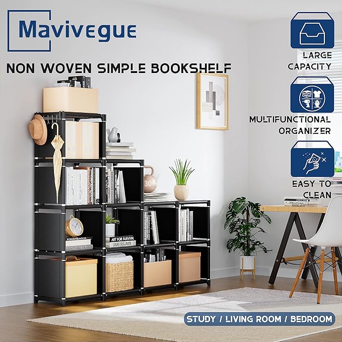 Mavivegue Book Shelf, 12 Cube Storage Organizer, DIY Bookcase, Metal Bookshelf,Tall Book case for Bedroom, Living Room,Office,Closet , Black Cubicle Rack - LeafyLoom