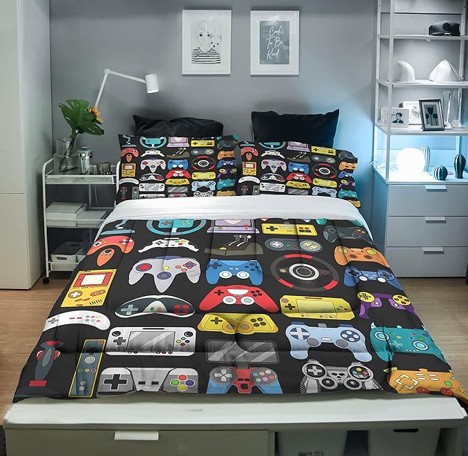 Sunnycitron Gaming Comforter Boys Bedding Sets Queen Comforter Sets Gamer Bedding Sets for Boys Gamer Bed Set Teen Boy Gamer Room Decor Gaming Comforter Set,1 Comforter 2 Pillowcases - LeafyLoom