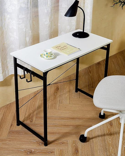 TEAMIX White Compact Computer Desk 32'' Study Writing Desk for Home Office Mini Laptop Desk with Hooks Small Spaces Heavy-Duty Steel Legs - LeafyLoom