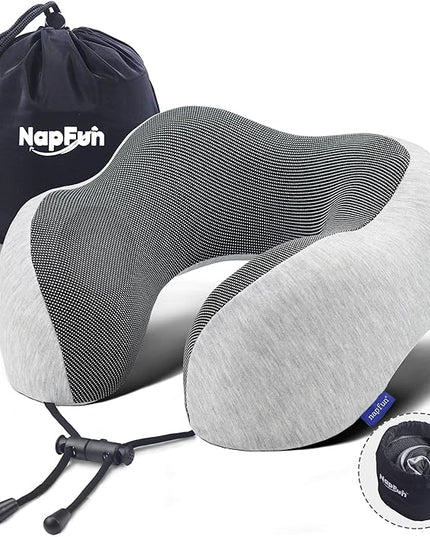 napfun Neck Pillow for Traveling, Upgraded Travel Neck Pillow for Airplane 100% Pure Memory Foam Travel Pillow for Flight Headrest Sleep, Portable Plane Accessories, Light Grey - LeafyLoom