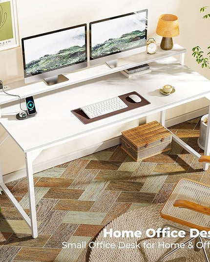 SUPERJARE 55 inch Computer Desk with LED Lights & Power Outlets, Gaming Desk with Monitor Shelf, Small Office Desk for Home & Office, White - LeafyLoom