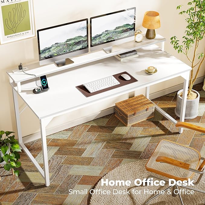 SUPERJARE 55 inch Computer Desk with LED Lights & Power Outlets, Gaming Desk with Monitor Shelf, Small Office Desk for Home & Office, White - LeafyLoom
