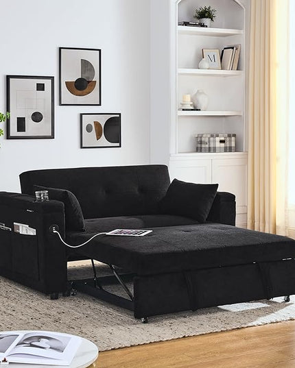 4 in 1 Multifunctional Convertible Loveseat Sleeper Sofa Bed,Soft Chenille Tufted Love Seats Sofabed W/Pull Out Sleep Couch,Armrests Storage,Cupholders,USB Ports,Pillows and Side Pockets - LeafyLoom