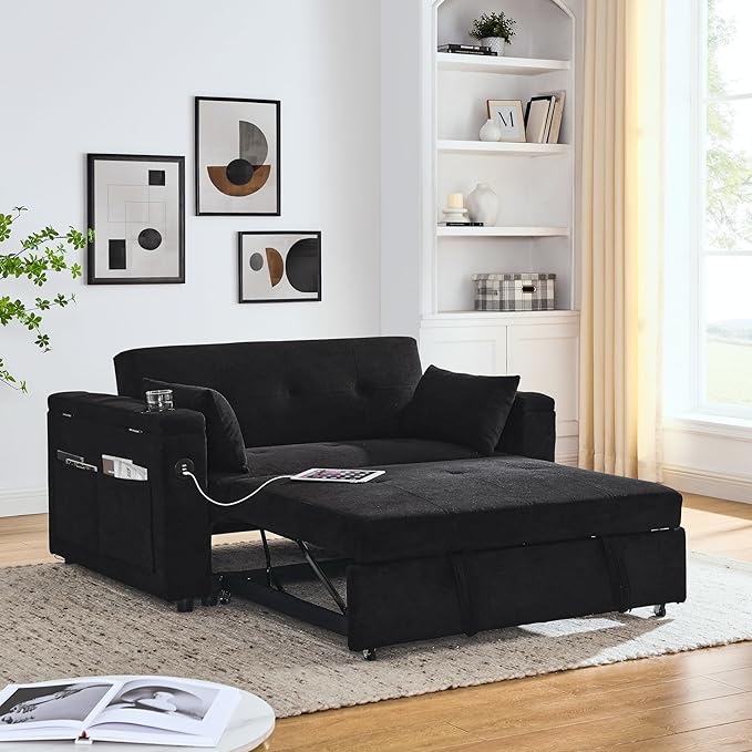 4 in 1 Multifunctional Convertible Loveseat Sleeper Sofa Bed,Soft Chenille Tufted Love Seats Sofabed W/Pull Out Sleep Couch,Armrests Storage,Cupholders,USB Ports,Pillows and Side Pockets - LeafyLoom