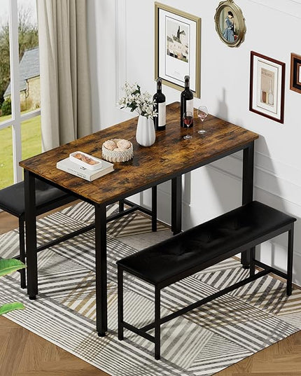 4 Person, 43.3in Kitchen Table 2 Upholstered Benches for 4-6, Nesting Furniture Set for Dining Room Restaurant Small Spaces Pub Bar Bistro Dinette, Rustic Brown-pu - LeafyLoom