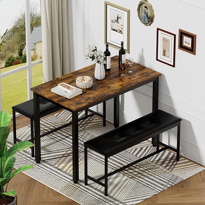 4 Person, 43.3in Kitchen Table 2 Upholstered Benches for 4-6, Nesting Furniture Set for Dining Room Restaurant Small Spaces Pub Bar Bistro Dinette, Rustic Brown-pu - LeafyLoom