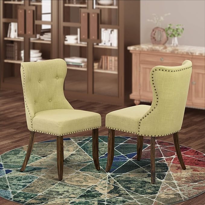 East West Furniture SIP7T37 Sion Modern Parson Dining Button Tufted Nailhead Trim Limelight Linen Fabric Upholstered Chairs, Set of 2, Jacobean - LeafyLoom