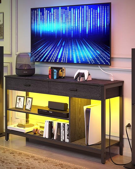 IRONCK TV Stand LED Lights, Entertainment Center with Power Outlet for 55 Inch TV, Industrial TV Console with Media Storage Shelf and 2 Large Drawers,for Bedroom/Living Room, Black - LeafyLoom