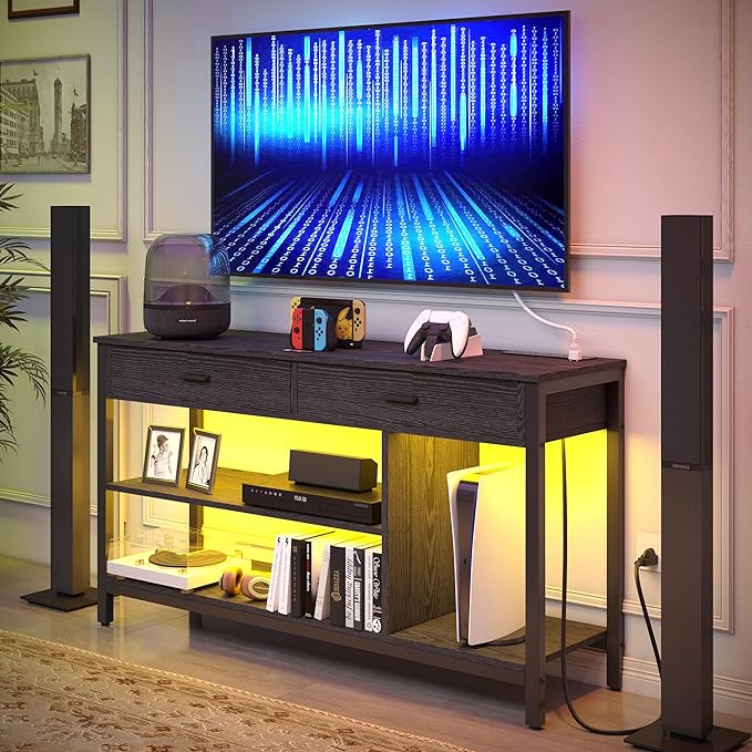 IRONCK TV Stand LED Lights, Entertainment Center with Power Outlet for 55 Inch TV, Industrial TV Console with Media Storage Shelf and 2 Large Drawers,for Bedroom/Living Room, Black - LeafyLoom