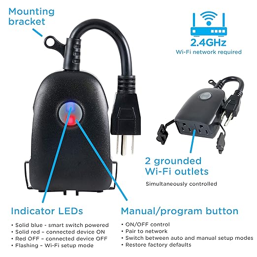 Enbrighten Vibe Outdoor Smart Plug, 2 Grounded Outlets, Weather-Resistant, Custom ON/Off Controls, Schedule Outdoor Lighting, Compatible with Alexa, Google Assistant, Black, 51251 Enbrighten