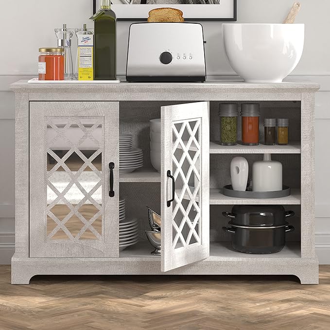 Galano Millicent 2 Doors Sideboard with Open Shelves, Buffet Cabinet with Storage, Storage Cabinet for Kitchen, Dining Room, Living Room, 15.67" D x 45.71" W x 29.29" H, Dusty Grey Oak - LeafyLoom