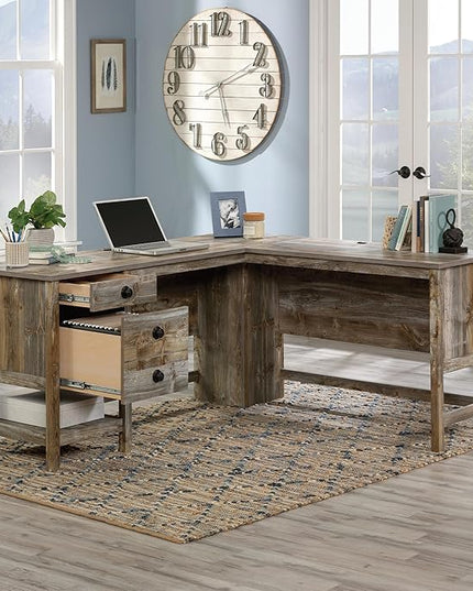 Sauder Cottage Road L-Desk, L: 65.12" x W: 58.66" x H: 29.76", Rustic Cedar finish - LeafyLoom
