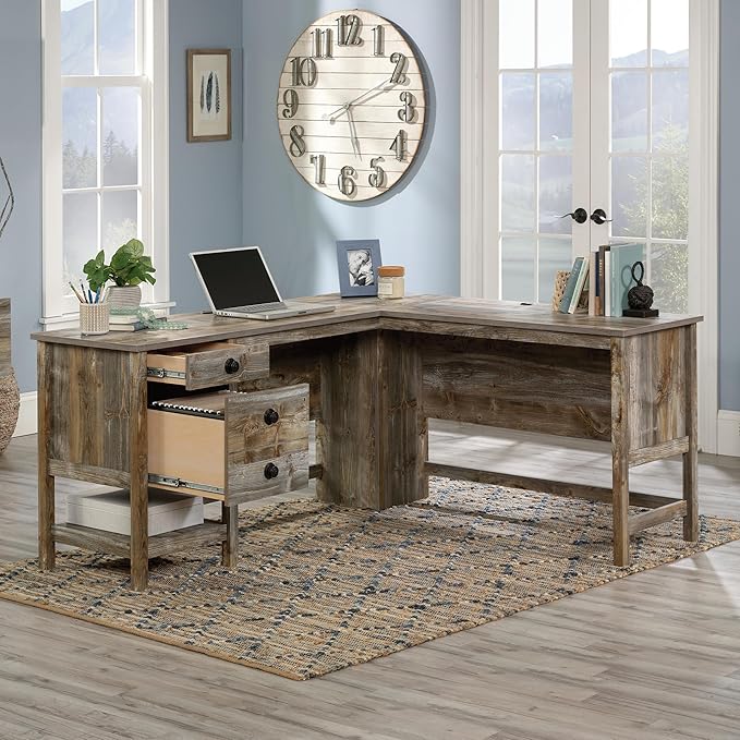 Sauder Cottage Road L-Desk, L: 65.12" x W: 58.66" x H: 29.76", Rustic Cedar finish - LeafyLoom