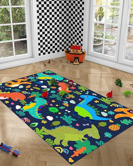 Dinosaur Rugs for Boys Bedroom Cute Dinosaur Area Rug and Leaves Print Dinosaur Rug Kids Rug Play Rug Dinosaur Carpets Cartoon Rug for Playroom Classroom,Blue 2'×3' - LeafyLoom