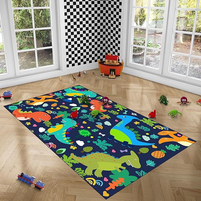 Dinosaur Rugs for Boys Bedroom Cute Dinosaur Area Rug and Leaves Print Dinosaur Rug Kids Rug Play Rug Dinosaur Carpets Cartoon Rug for Playroom Classroom,Blue 2'×3' - LeafyLoom