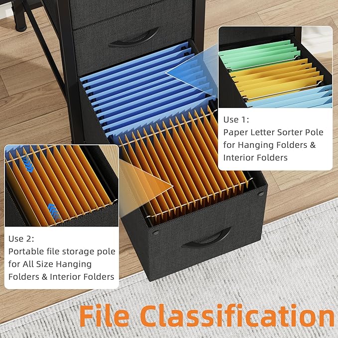 63'' Office Desk with 6 Fabric File Drawers - File Drawer Organization, Computer Work Desk, Study Writing Table, Home Office Workstation, Black - LeafyLoom