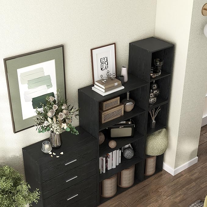 Apexa 3 Cube Storage Organizer Shelves, Stackable Wood Bookcase Fits Cubby Bins for Organization, Dorm Teen Room Decor & Home Office, Black - LeafyLoom