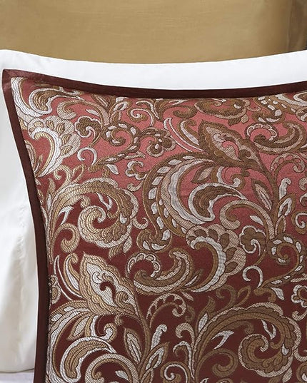 Madison Park Essentials Brystol 24 Piece Room in a Bag Faux Silk Comforter Jacquard Paisley Design Matching Curtains Down Alternative Hypoallergenic All Season Bedding-Set, King (104 in x 92 in), Red - LeafyLoom