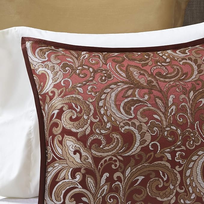 Madison Park Essentials Brystol 24 Piece Room in a Bag Faux Silk Comforter Jacquard Paisley Design Matching Curtains Down Alternative Hypoallergenic All Season Bedding-Set, King (104 in x 92 in), Red - LeafyLoom