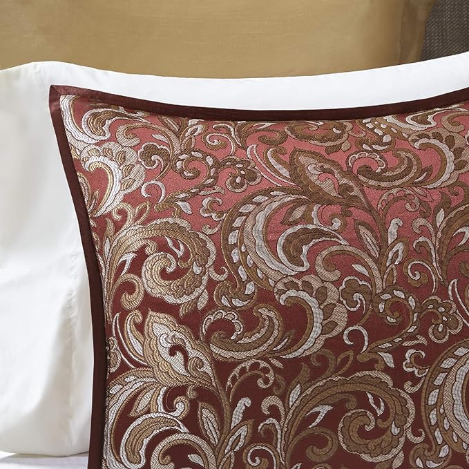 Madison Park Essentials Brystol 24 Piece Room in a Bag Faux Silk Comforter Jacquard Paisley Design Matching Curtains Down Alternative Hypoallergenic All Season Bedding-Set, Queen (90 in x 90 in), Red - LeafyLoom