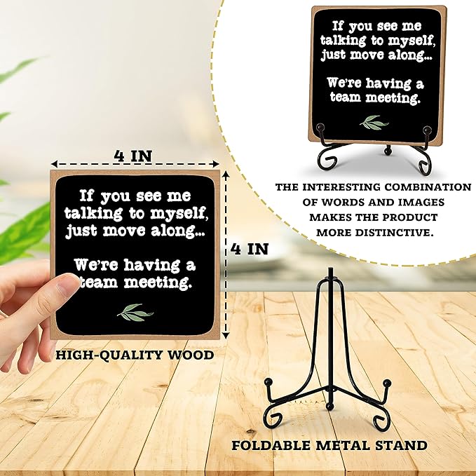Rustic Office Desk Decor Sign Gift, Desk Accessories for Coworker, If You See Me Talking to Myself We're Having a Team Meeting Desk Plaque Sign with Stand, Home Office Desk Decoration -22 - LeafyLoom