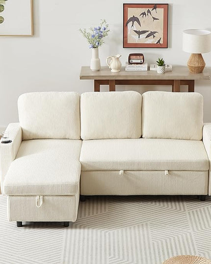 3 Seater Reversible Sleeper Sectional Sofa Bed with Storage Chaise Lounge and Cupholders, Corduroy Upholstered Convertible Sofabed Corner Couch,L Shaped Sofá for Living Room Office, Beige 78.5" - LeafyLoom