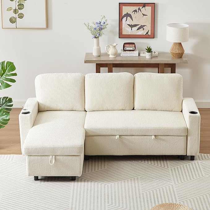 3 Seater Reversible Sleeper Sectional Sofa Bed with Storage Chaise Lounge and Cupholders, Corduroy Upholstered Convertible Sofabed Corner Couch,L Shaped Sofá for Living Room Office, Beige 78.5" - LeafyLoom