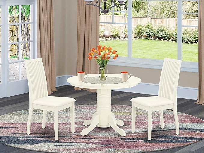 East West Furniture SHIP3-WHI-C 3 Piece Dinette Set for Small Spaces Contains a Round Dining Room Table with Pedestal and 2 Linen Fabric Kitchen Dining Chairs, 42x42 Inch, Linen White - LeafyLoom