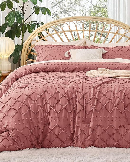 Bedsure King Size Comforter Set - Pink Clay Boho Comforter, Tufted Shabby Chic Bedding Comforter Set, 3 Pieces Vintage Farmhouse Bed Set for All Seasons, Fluffy Soft Bedding Set with 2 Pillow Shams - LeafyLoom