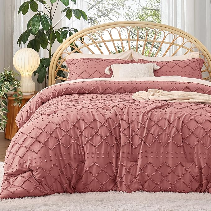 Bedsure King Size Comforter Set - Pink Clay Boho Comforter, Tufted Shabby Chic Bedding Comforter Set, 3 Pieces Vintage Farmhouse Bed Set for All Seasons, Fluffy Soft Bedding Set with 2 Pillow Shams - LeafyLoom